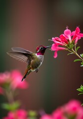 Naklejka premium Hummingbird Feeding on Pink Flower in Natural Garden Setting