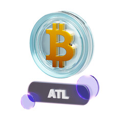 3D rendered Bitcoin symbol with a golden 'B' inside a clear coin, floating above a dark 'ATL' bar with purple reflections.