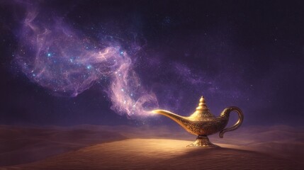 Magical genie lamp emitting mystical purple smoke in starry desert night