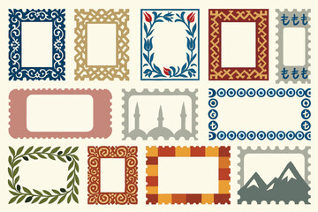 Turkey-Inspired Decorative Frames and Stamps Collection with Mountains, Mosques, and Floral Patterns
