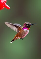 Fototapeta premium Colorful Hummingbird Flying Near Red Feeding Tube in Natural Green Background