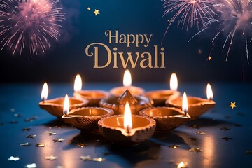 Happy Diwali wishes with glowing diyas, vibrant fireworks, and golden star confetti, perfect for festive greeting cards and invitations