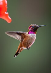 Obraz premium Colorful Hummingbird Feeding From Red Nectar Feeder in Nature