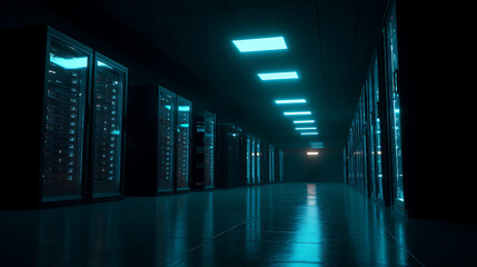  A network server room glowing in the dark 