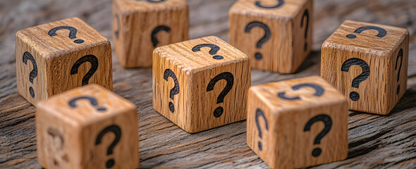 Wooden cubes with question marks arranged on table, highlighting creativity, innovation, curiosity, idea generation, and problem-solving concepts in educational and business contexts