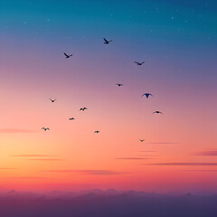 Obraz premium A flock of birds soars across a vibrant orange sunset, their silhouettes a symbol of wild freedom
