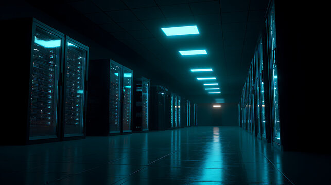  A network server room glowing in the dark 