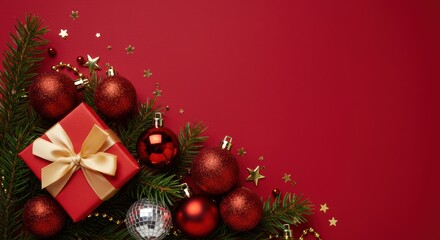 Elegant Christmas composition with vibrant red gift box baubles and pine boughs creating a festive holiday background