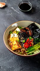 Bowl of delicious noodles with tofu