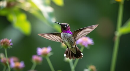 Colorful Hummingbird Hovering Near Pink Flowers in Green Garden