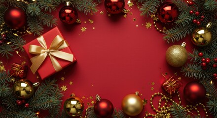 Christmas celebration with bright vibrant red and gold ornaments on fresh pine branches with a gift
