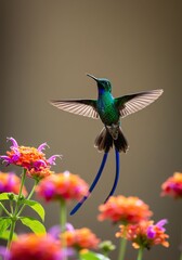 Obraz premium Vibrant Hummingbird Hovering Near Colorful Flowers in Natural Setting