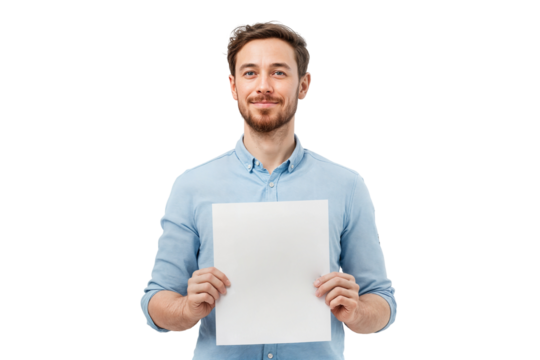 Smiling man in blue shirt holding blank white paper mockup for advertising or branding purposes on transparent background