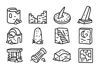 Fototapeta premium Ancient Observatories Icons. Outline icon set of lost ancient observatories: ruined tower, crumbled wall