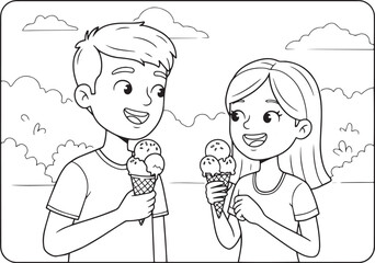 Joyful couple enjoying ice cream in an outline drawing style, su