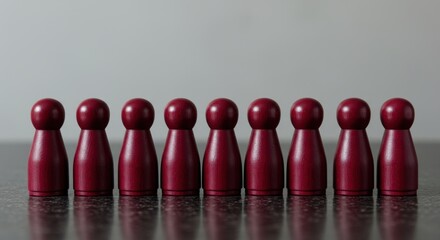 Seven red wooden game pieces symbolize strategy teamwork and business planning