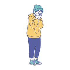 Miserable Young Individual: A young individual, clad in a warm hoodie and hat, is seen in a moment of visible misery, embodying a sense of profound loneliness and despair.