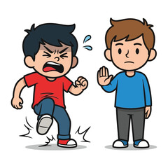 Confrontation and Stop Gesture: An illustration of two animated boys engaged in a confrontational scene, one visibly angry and aggressive, while the other raises a hand in a stop gesture.