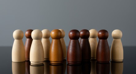 Diverse wooden figures symbolize inclusion unity and community in a minimalist composition on a reflective surface
