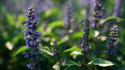 A close up shot of purple salvia flowers in a garden with a blurred green background
