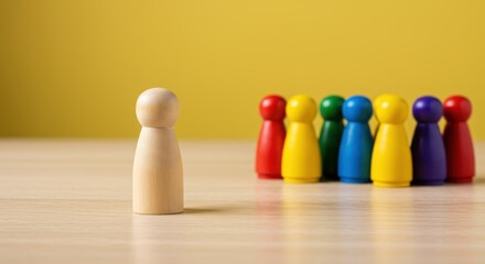 Wooden figures show leadership and teamwork representing unique individuals standing out in a group with vibrant backdrop