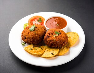 Fried vegetable balls with chips and sauce