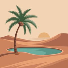 Palm Tree and Pool in Desert Sunset Illustration