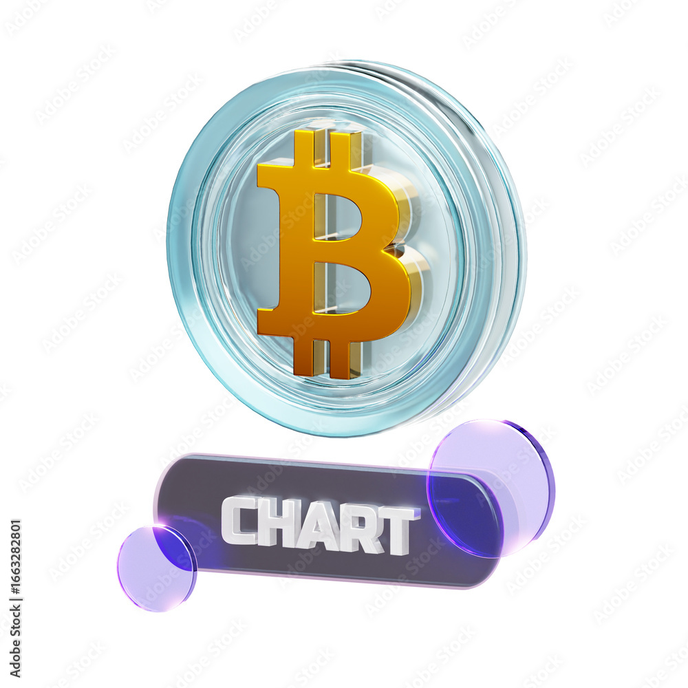 Poster 3d render of a golden bitcoin symbol inside a clear coin, floating above a glossy 'chart' button wit
