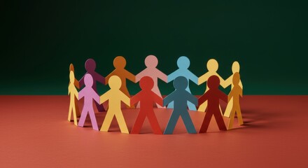 Colorful paper people stand together in a circle representing global unity inclusion and community