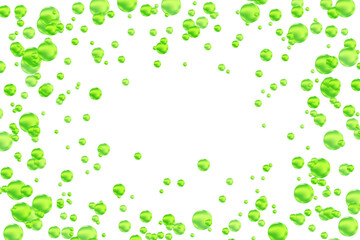 Cute light green glowing scattered particles isolated on transparent background. Cute iridescent round dots decoration, carbonated water fizz, floating fresh soda bubbles splash.