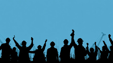 Silhouette of construction workers with raised arms against a blue sky background