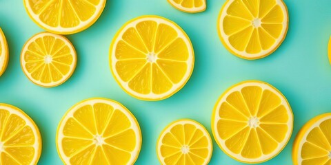 Obraz premium Repetitive lemon slice pattern, light blue background, copy space, foodphotography, juicy