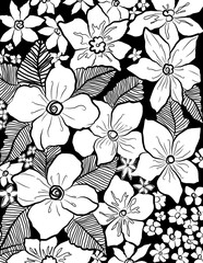seamless floral pattern.Simple and elegant hand-drawn doodle flower illustration in black and white. Perfect for use in greeting cards, fabric prints, and digital scrapbooking.