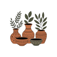 Decorative ceramic vases and bowls with stylized foliage for interior home decor accents white background