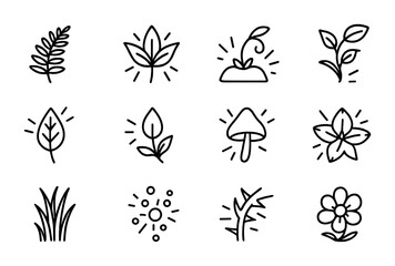 Bioluminescent Plant Icons. Outline icon set of bioluminescent plants: glowing fern, radiant lily, shining