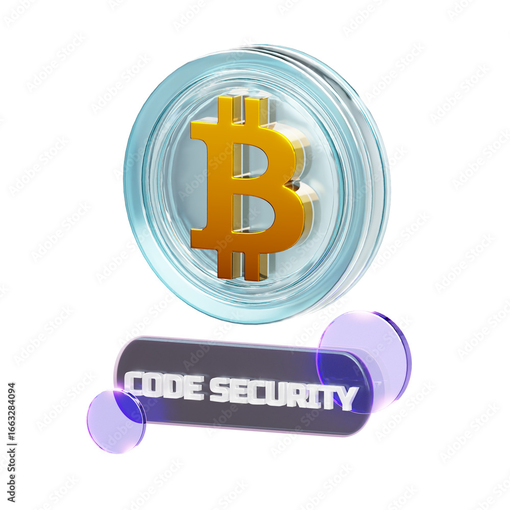 Aufkleber 3d rendered bitcoin symbol hovering above a glowing 'code security' bar, illustrating digital asset 