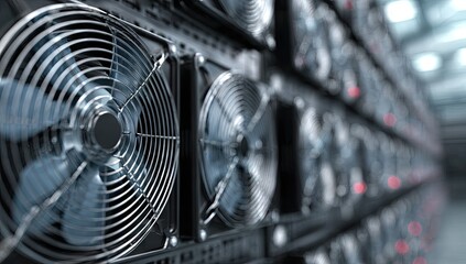 Close-up of numerous server cooling fans in a data center