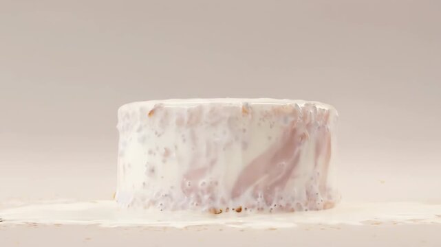 Cylinder-shaped cake covered with dripping white cream on plain background