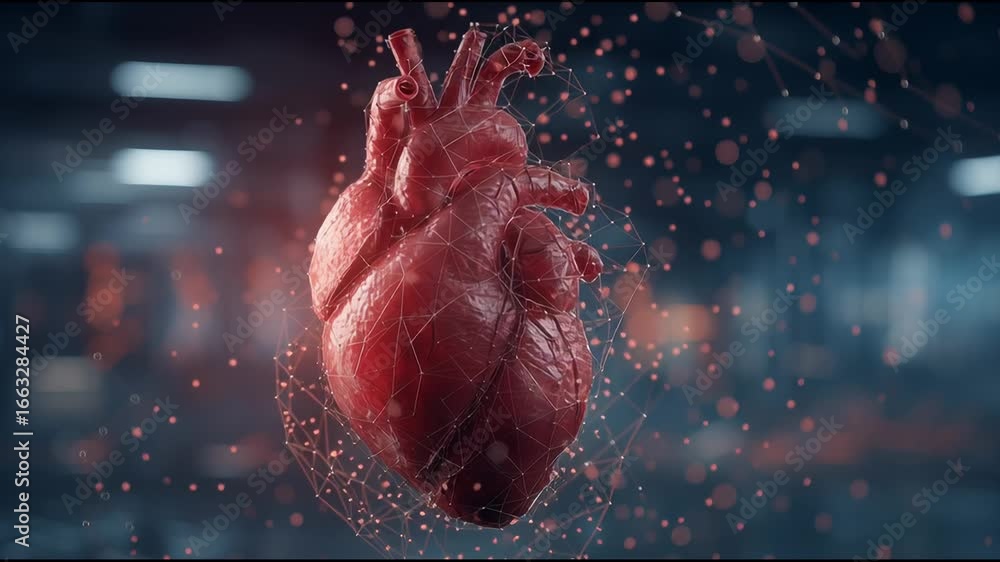 Aufkleber realistic animated heart model displayed in 3d format against a blurred medical background