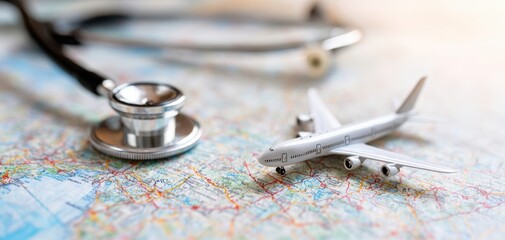 The airplane and stethoscope symbolize health and travel for a global journey.