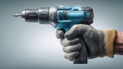A handheld electric drill. A powerful hand holds the electric drill, expressing safety, reliability and durability