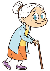 An elderly woman. She has white hair tied back in a bun and a friendly smile. She's wearing a yellow shirt, an orange skirt, and a light blue cardigan. She is also using a wooden cane.