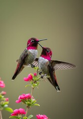 Fototapeta premium Action of Hummingbirds Feeding on Flowers in Nature, Close-Up View, Serene Environment