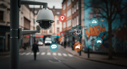 Fototapeta premium Security Camera Insights in Urban Environment, Street View, Digital Connectivity