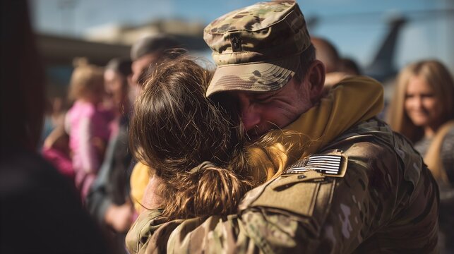 Military family reunion with hugs at airport
