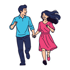 Joyful Run: A couple happily runs, hand in hand, in a heartwarming cartoon illustration, symbolizing the start of a new adventure, brimming with happiness.