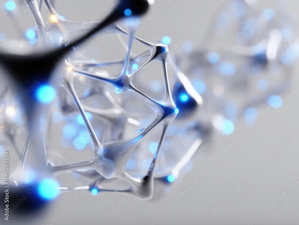Poster abstract molecular structure with glowing blue nodes on a soft focus background