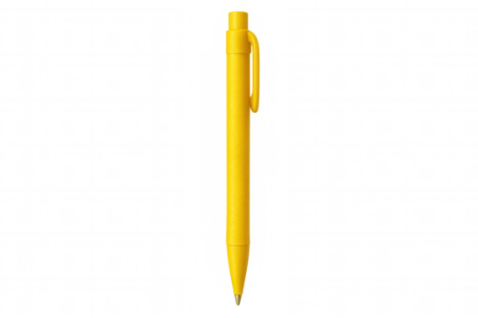 Bright yellow ballpoint pen standing on clean white surface, showcasing sleek modern aesthetic with sharp lines and minimalist profile - Powered by Adobe