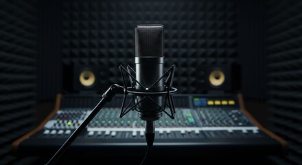 Live Recording Session, Microphone and Mixer, Music Studio, Photography, Professional Environment, Close-up View, Sound Production
