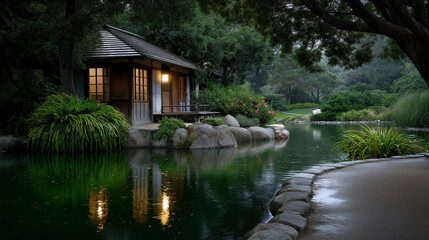 Obraz premium Teahouse by a Koi Pond in Soft Light